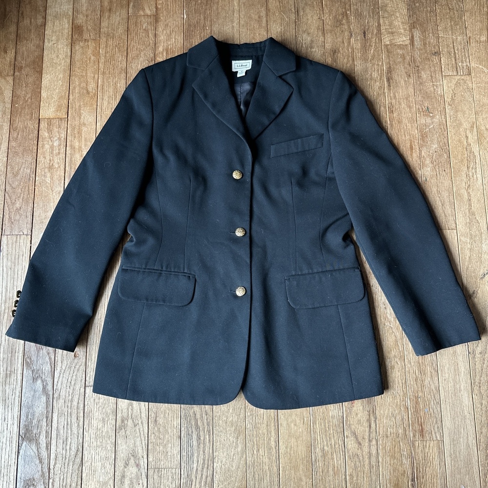LL Bean Blazer Women 4P Gold Crest Buttons Black Professional Career Office Wear